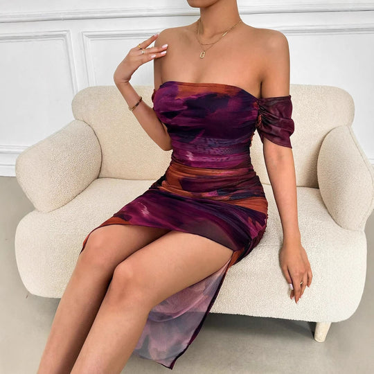Damen Figurbetontes schulterfreies Maxikleid mit Raffung, Beinschlitz und Aquarell-Print Shop Nory