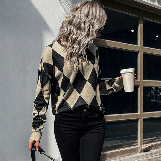 Damen Rauten-Strickpullover mit lockerem Schnitt und Rippbündchen Shop Nory