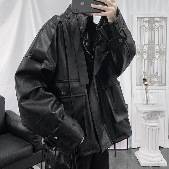 Herren Weitgeschnittene Kunstlederjacke mit Kapuze, Utility-Taschen und verstellbaren Manschetten Shop Nory