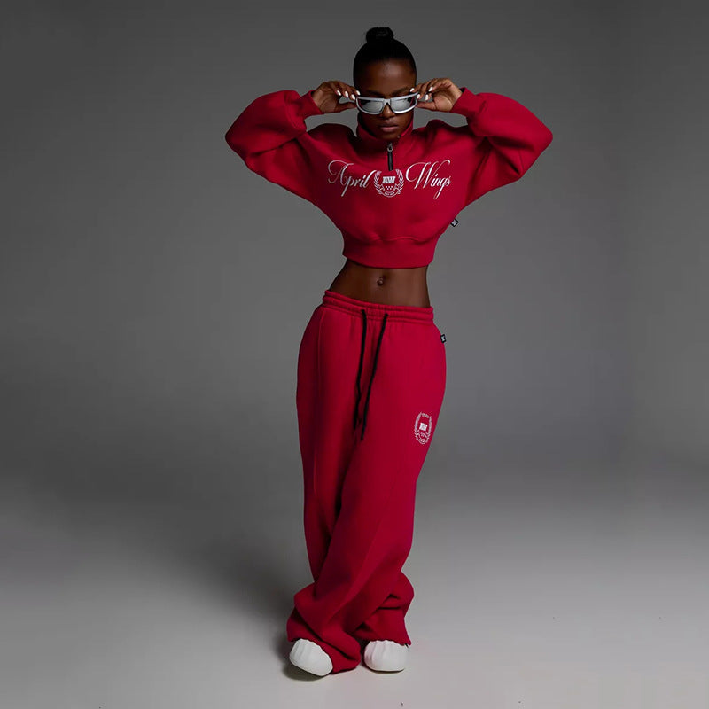 Damen Cropped Halbzip-Sweatshirt mit weitem High‑Waist Loungehose Set Shop Nory