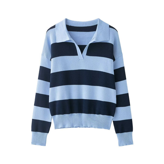 Damen Gestreifter Oversize-Rugby-Pullover mit Polokragen und V-Ausschnitt Shop Nory