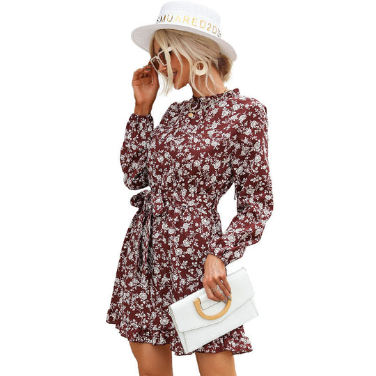 Damen A-Linien-Kurzkleid mit Stehkragen, Taillenband und Volantsaum Shop Nory