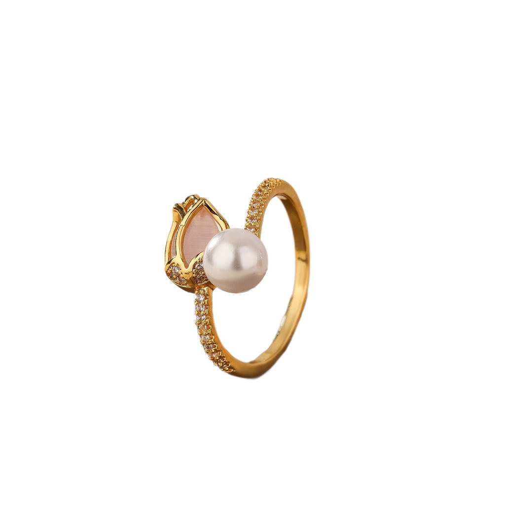 Damen Eleganter Ring mit Blumenmotiv und Perle Shop Nory