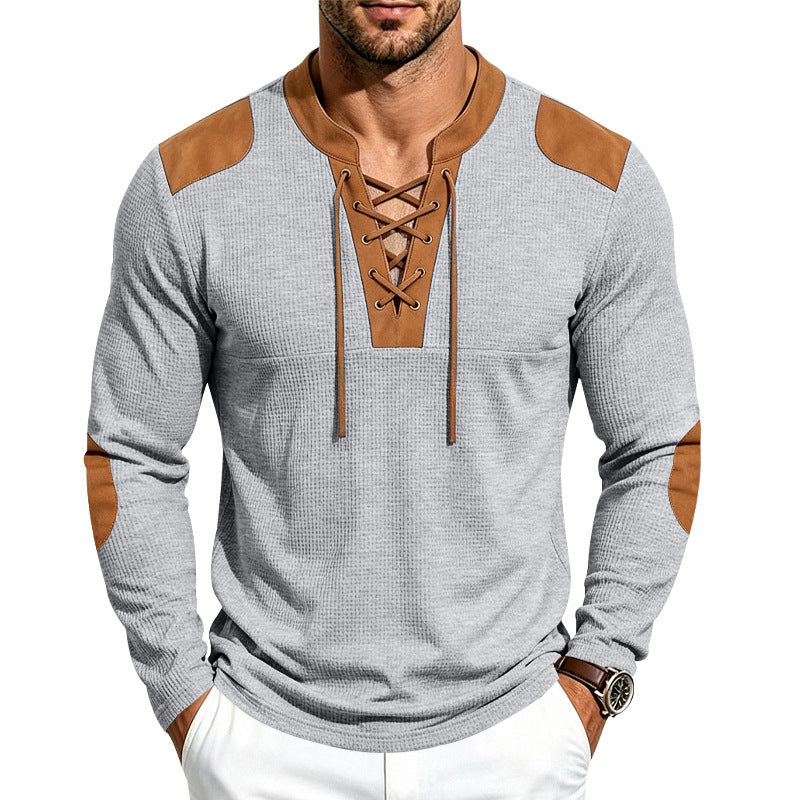 Herren Waffelstruktur-Henley mit Schnürkragen und Kunstleder-Patches Shop Nory