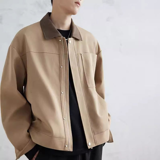 Herren Boxy-Zipjacke aus strukturiertem Baumwollmix mit Lederkragen und verdeckter Druckknopfblende Shop Nory