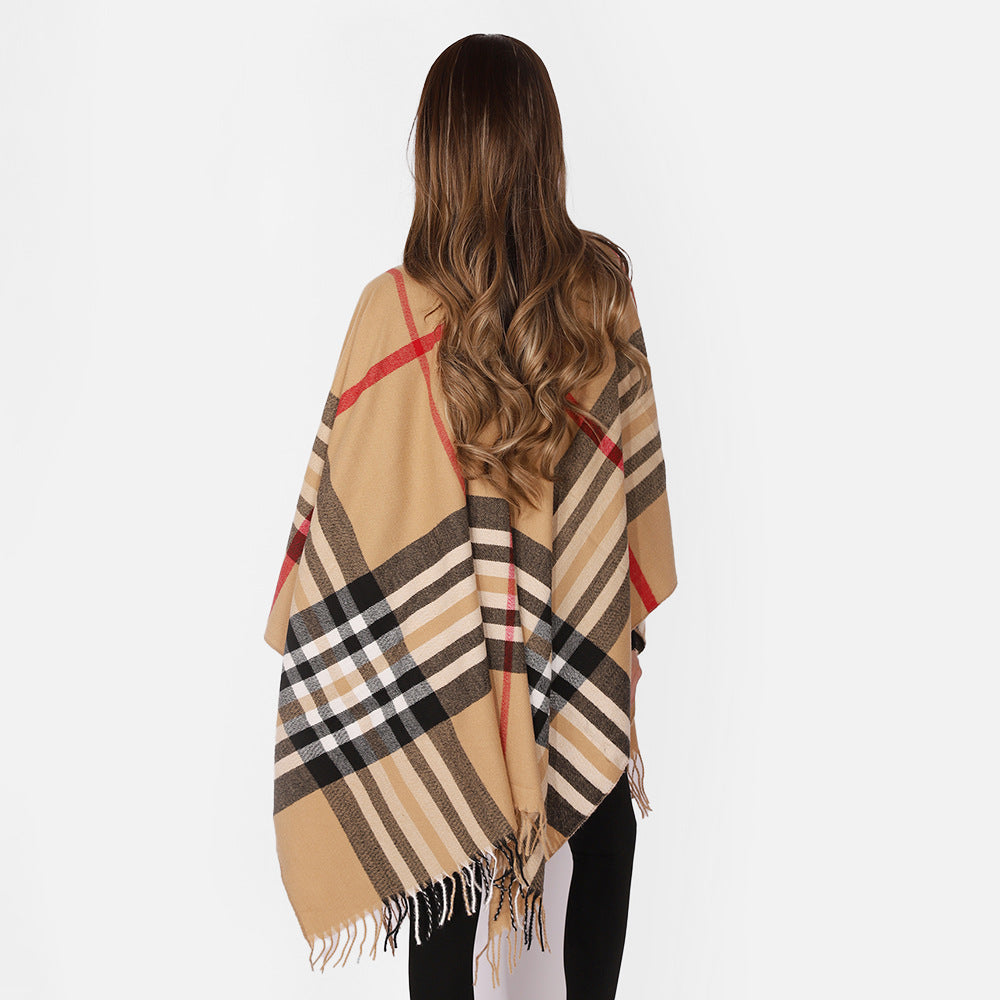 Damen Karierter Wollmix-Poncho mit Fransen und offenem Kimono-Schnitt Shop Nory