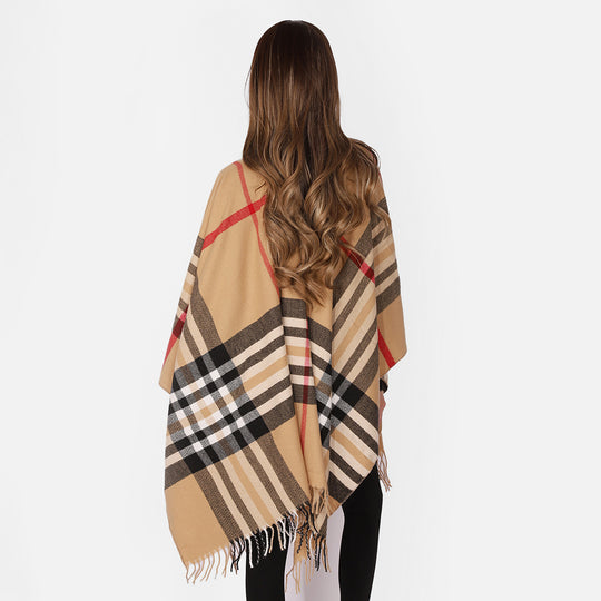 Damen Karierter Wollmix-Poncho mit Fransen und offenem Kimono-Schnitt Shop Nory