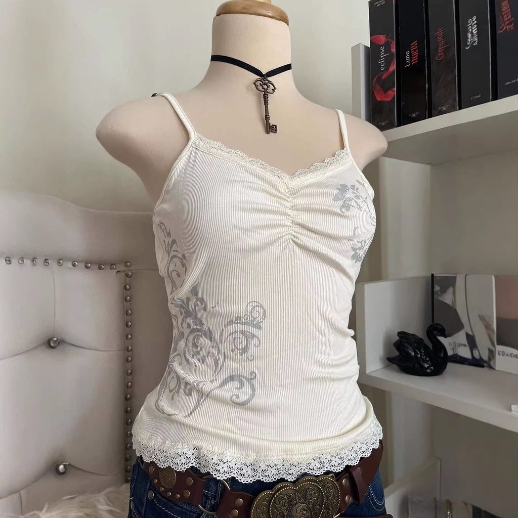 Damen Verspieltes Spaghetti-Träger Top mit Spitzendetails Shopnory