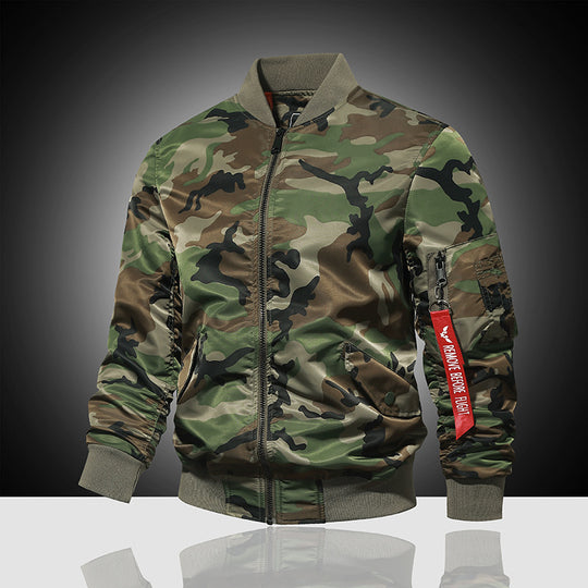 Herren militärisch inspirierte Bomberjacke mit Camouflage, Ärmeltasche und Rippbündchen Shop Nory