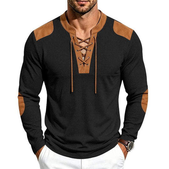 Herren Waffelstruktur-Henley mit Schnürkragen und Kunstleder-Patches Shop Nory