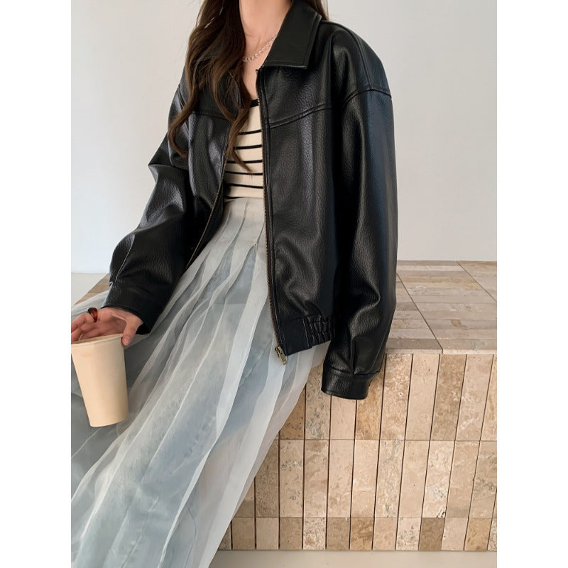 Damen Oversized Kunstleder Bomberjacke mit Reißverschluss Shop Nory