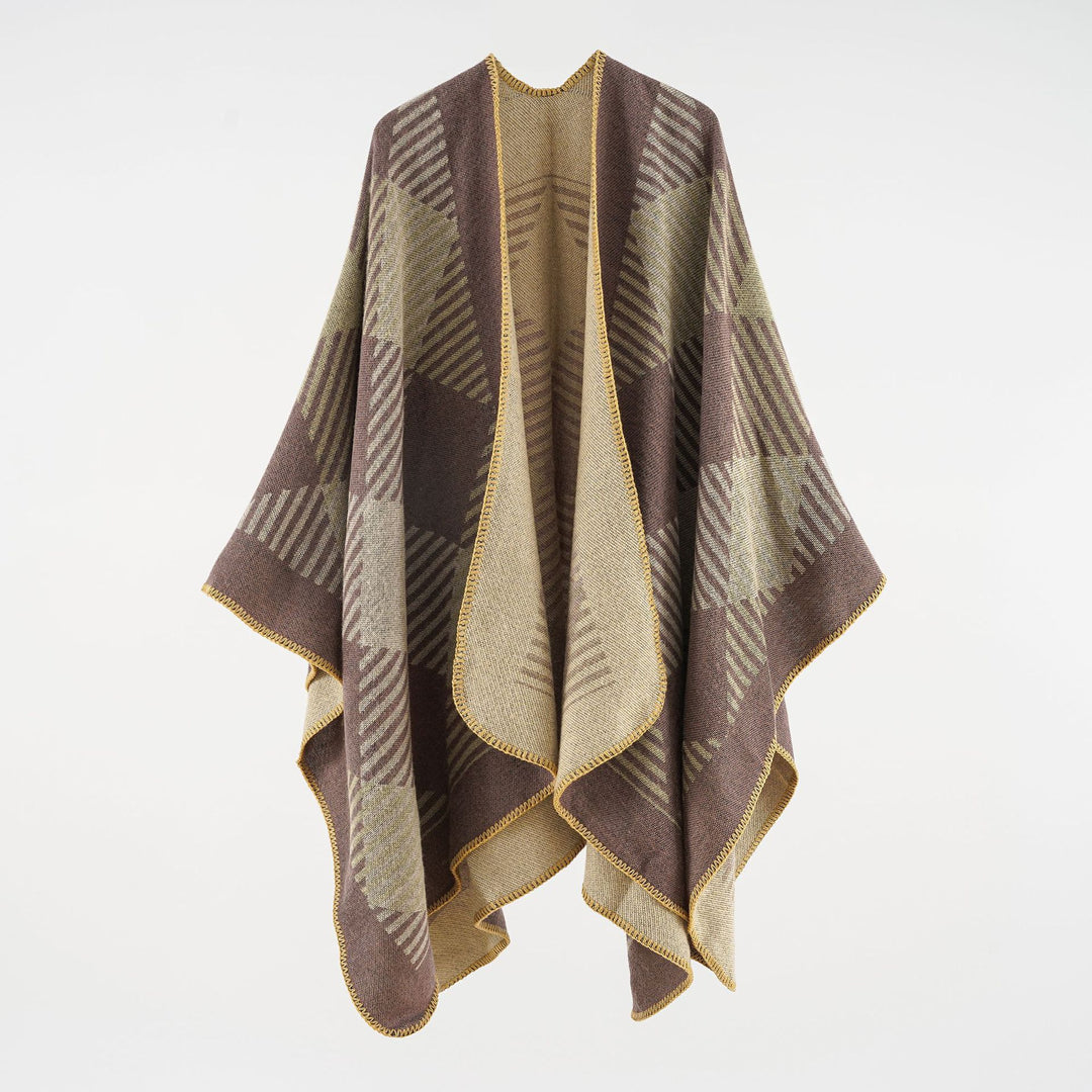 Damen Umhangponcho aus Wollmix mit geometrischem Streifen-Jacquard und offener Kantennaht Shop Nory
