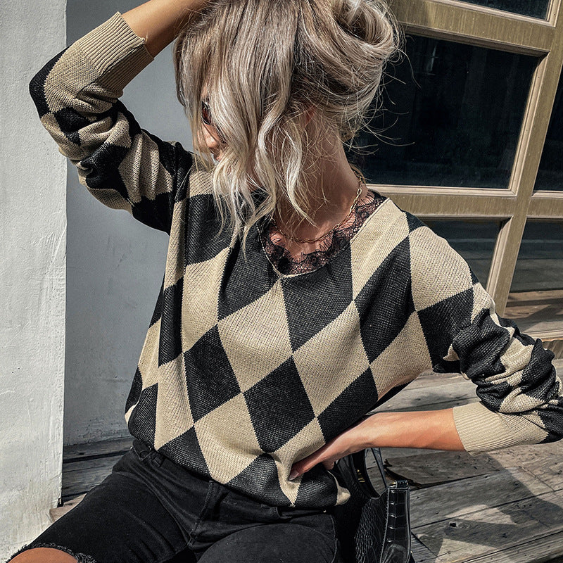 Damen Rauten-Strickpullover mit lockerem Schnitt und Rippbündchen Shop Nory