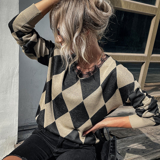 Damen Rauten-Strickpullover mit lockerem Schnitt und Rippbündchen Shop Nory