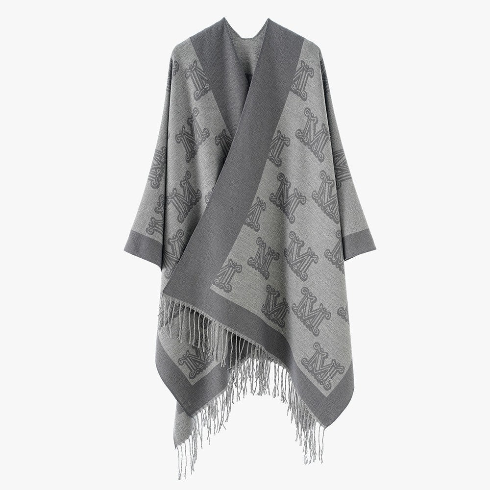 Damen Grobgewebter Poncho im Kimono-Schnitt mit Monogramm-Jacquard und Fransensaum Shop Nory