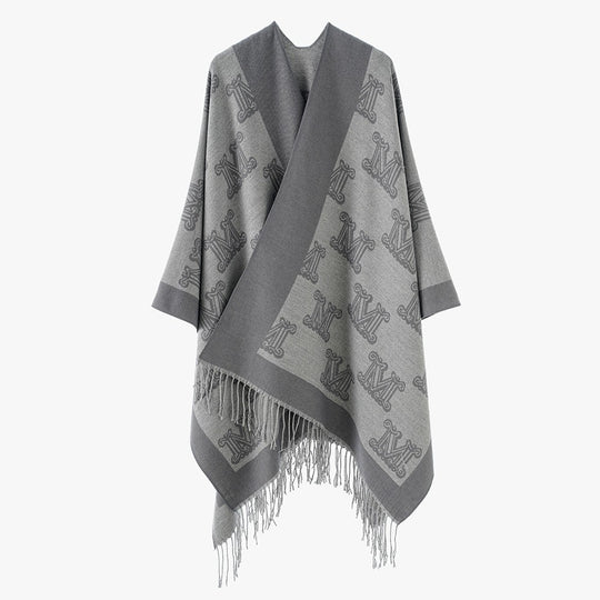 Damen Grobgewebter Poncho im Kimono-Schnitt mit Monogramm-Jacquard und Fransensaum Shop Nory