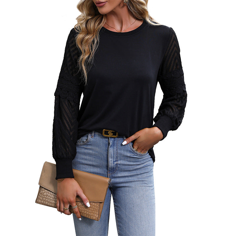 Damen Elegant-lässiges Langarmshirt mit Rundhalsausschnitt und gehäkelten Spitzenärmeln Shop Nory