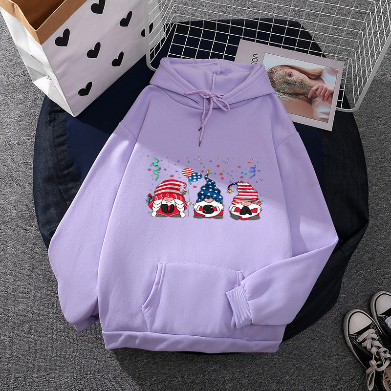 Damen nan Kapuzenpullover mit patriotischem Gartenzwerg-Print, angerautem Fleece-Innenfutter, Oversize-Schnitt und Kängurutasche Shop Nory