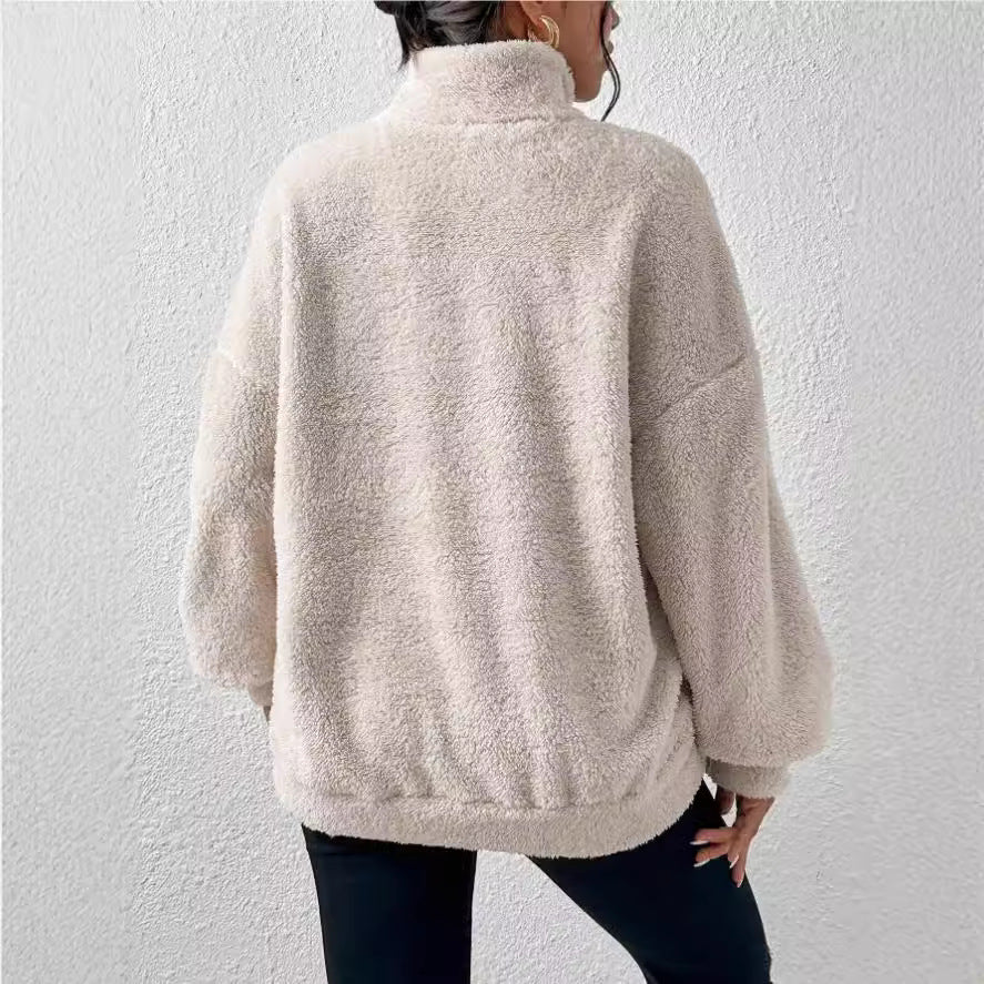 Damen Kuscheliger Fleece-Pullover mit Stehkragen und Eingrifftaschen
