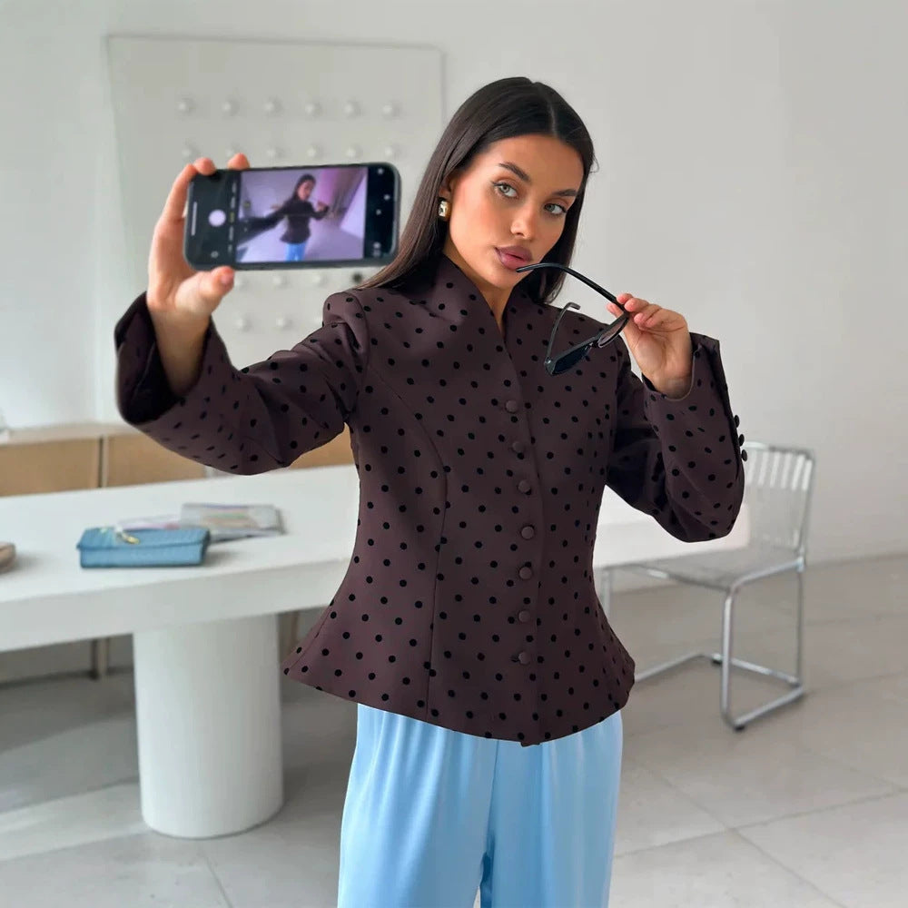 Damen Taillierter Stehkragen-Blazer mit Punktmuster und verdeckter Knopfleiste Shop Nory