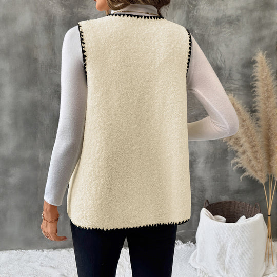 Damen Ärmellose Teddyweste mit Kontrast-Ziernähten und aufgesetzten Taschen Shop Nory