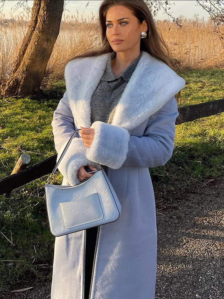 Damen Eleganter lang geschnittener Mantel aus Velours‑Optik mit voluminösem Kunstfell‑Schalkragen Shop Nory