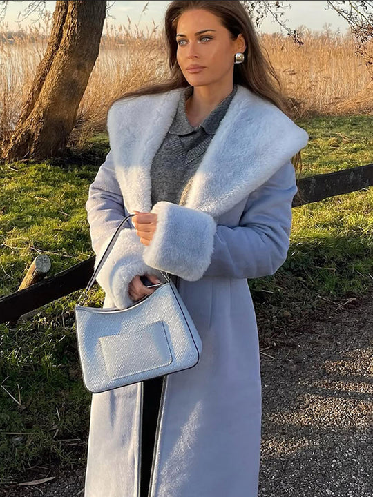 Damen Eleganter lang geschnittener Mantel aus Velours‑Optik mit voluminösem Kunstfell‑Schalkragen Shop Nory