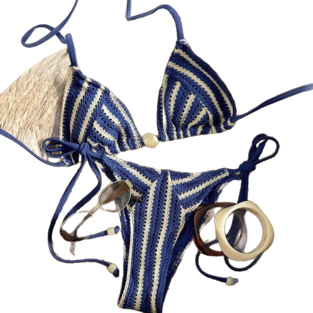 Damen Handgehäkelter Bikini mit maritimem Streifenmuster