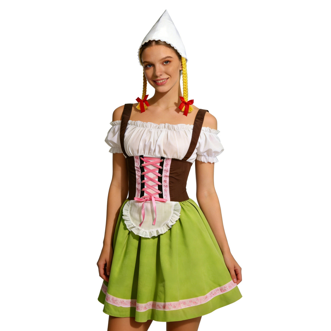 Damen nan traditionelles Dirndl-Kostüm mit Schnürung, Schürze und spitzem Kopftuch Shop Nory