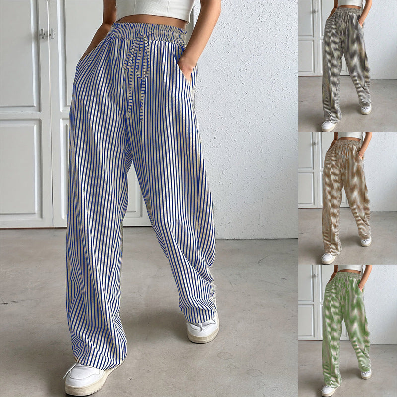 Damen Marlene-Streifenhose aus Leinenmix mit weitem Bein, Elastikbund und Kordelzug Shop Nory