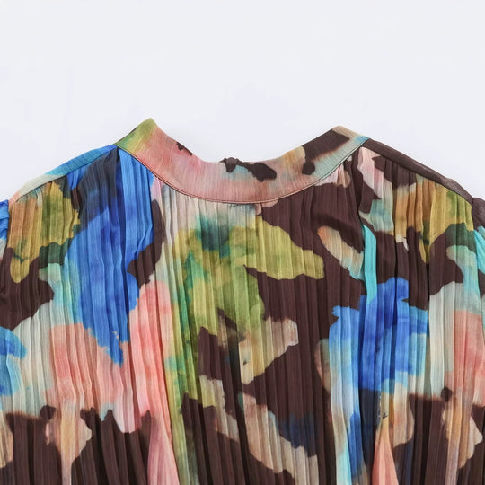 Damen Plissiertes Chiffon-Midikleid mit Aquarellprint, taillierter Silhouette und Ballonärmeln Shop Nory