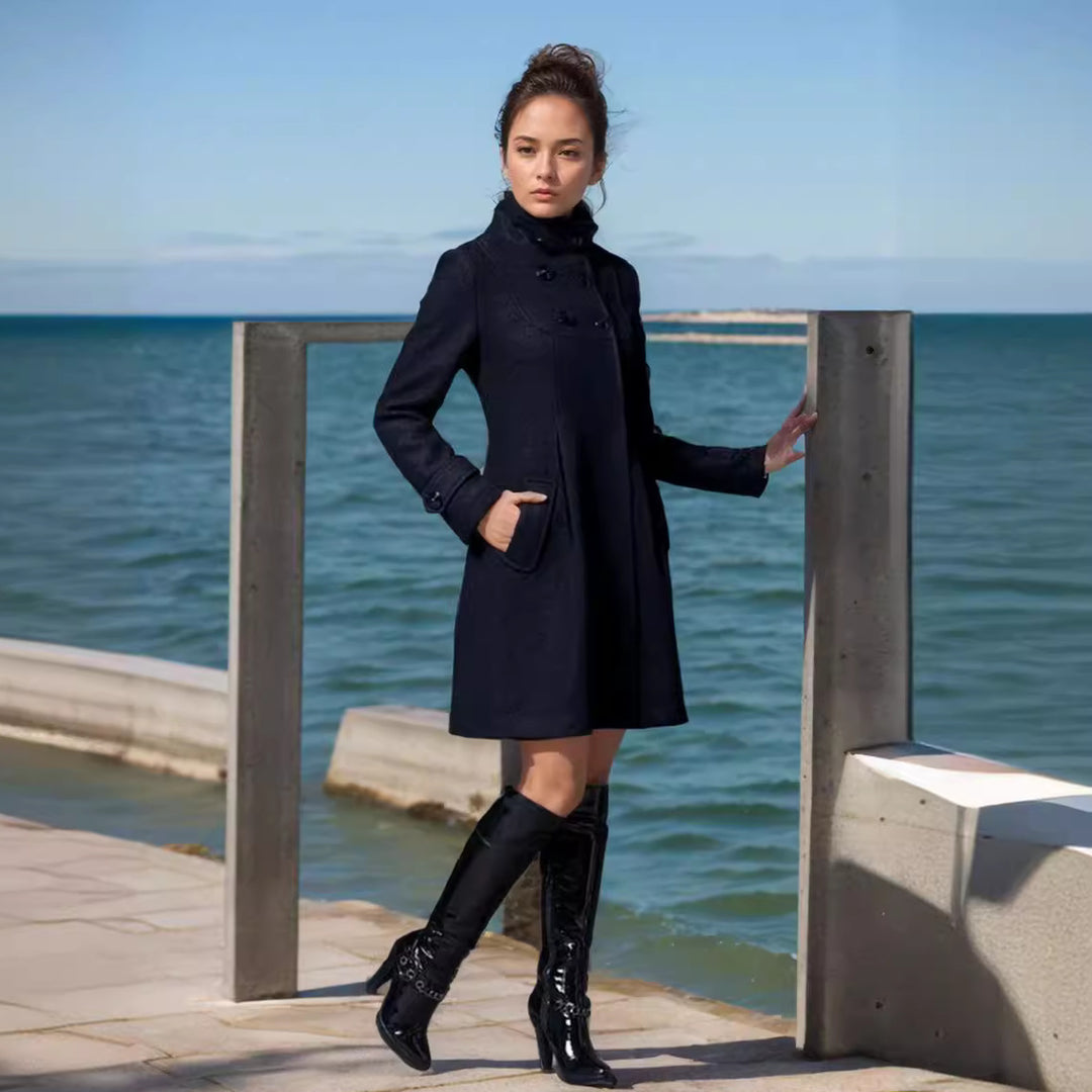 Damen A‑Linien Wollmix‑Mantel mit hoher Kapuze und Doppelknopfleiste Shop Nory