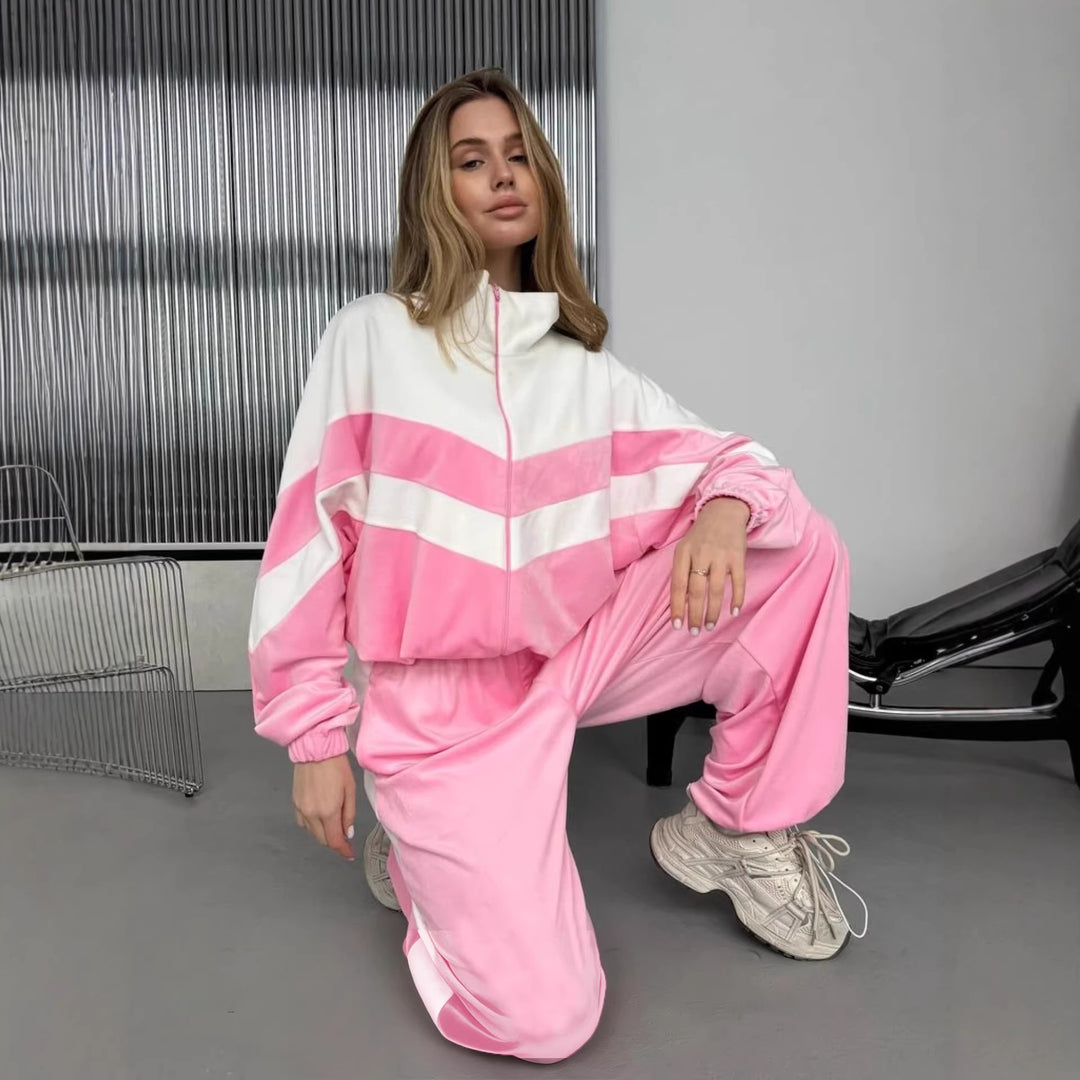 Damen Retro-inspiriertes Samt-Trackset mit Chevron-Design, Stehkragen und weiter High-Waist-Jogger Shop Nory