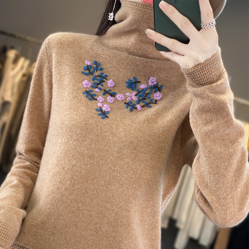 Damen Kaschmir‑Optik Rollkragenpullover mit zarter Blumenstickerei am Brustbereich Shop Nory
