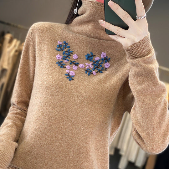 Damen Kaschmir‑Optik Rollkragenpullover mit zarter Blumenstickerei am Brustbereich Shop Nory
