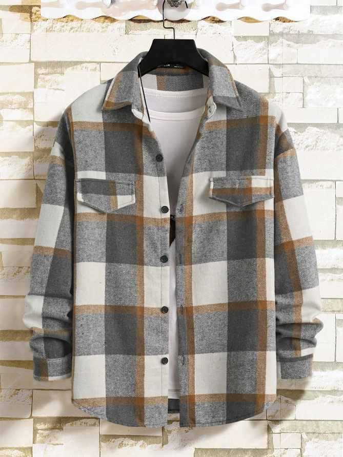 Herren Karierte Flanell-Hemdjacke mit Brusttaschen und Knopfleiste Shop Nory