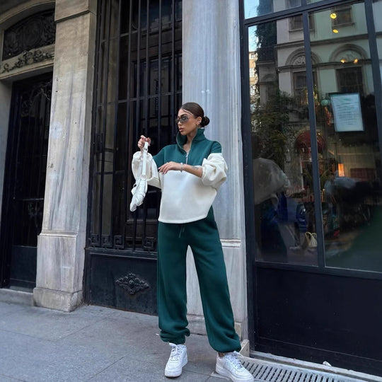 Damen Oversized Zweifarbiges Half-Zip Loungewear-Set mit Stehkragen und weitem Palazzo-Jogger Shop Nory