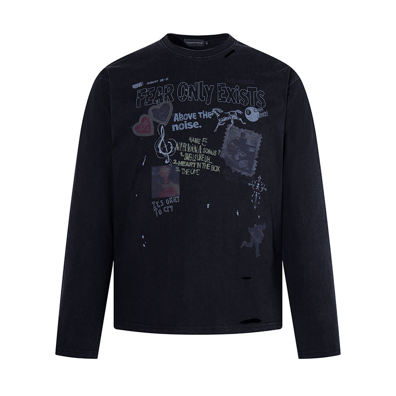Herren Langarmshirt mit Print-Collage, Distressed‑Details und Relaxed‑Fit Shop Nory