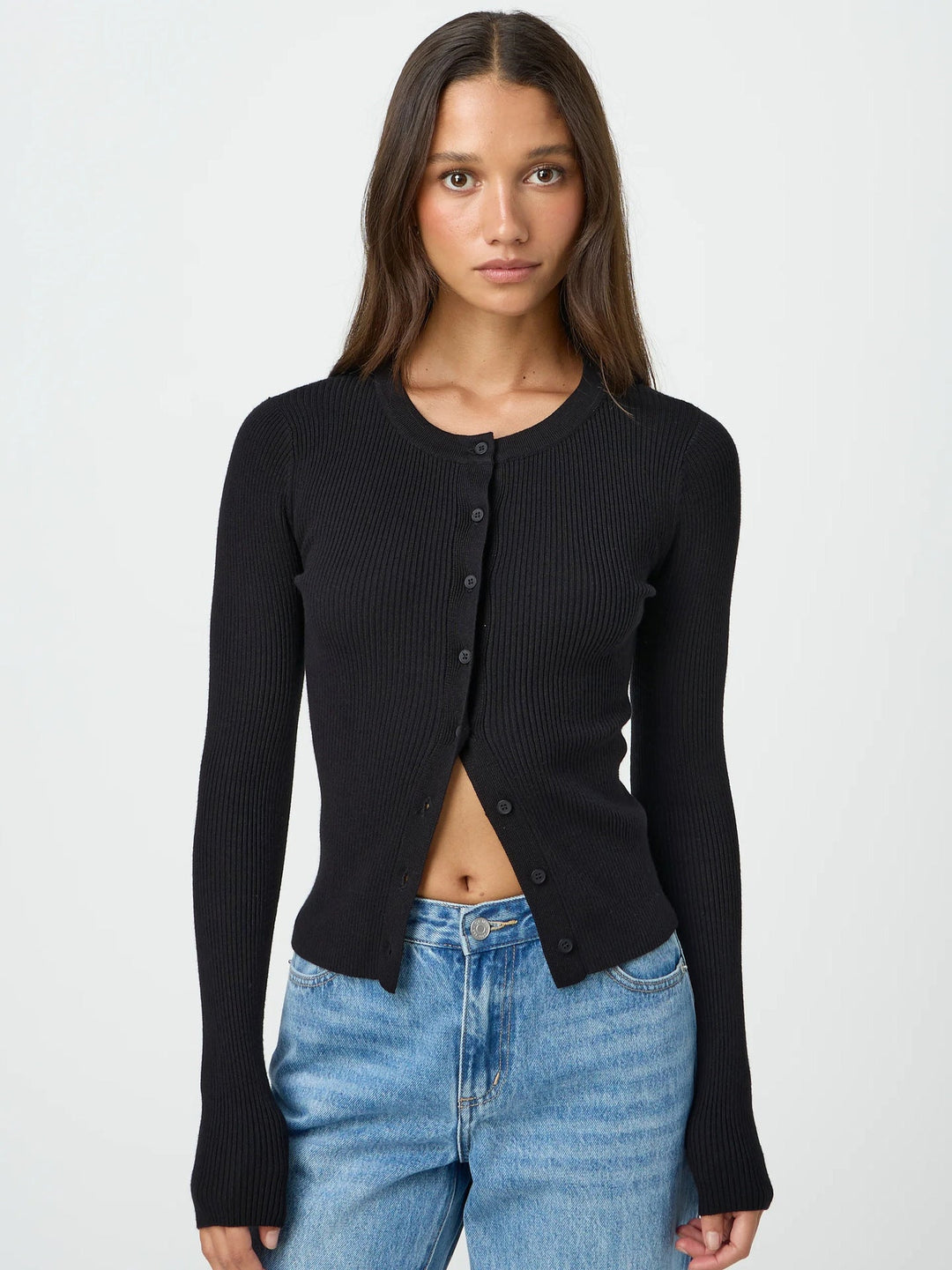Damen figurbetonte Strickjacke mit Knopfleiste und langen Ärmeln