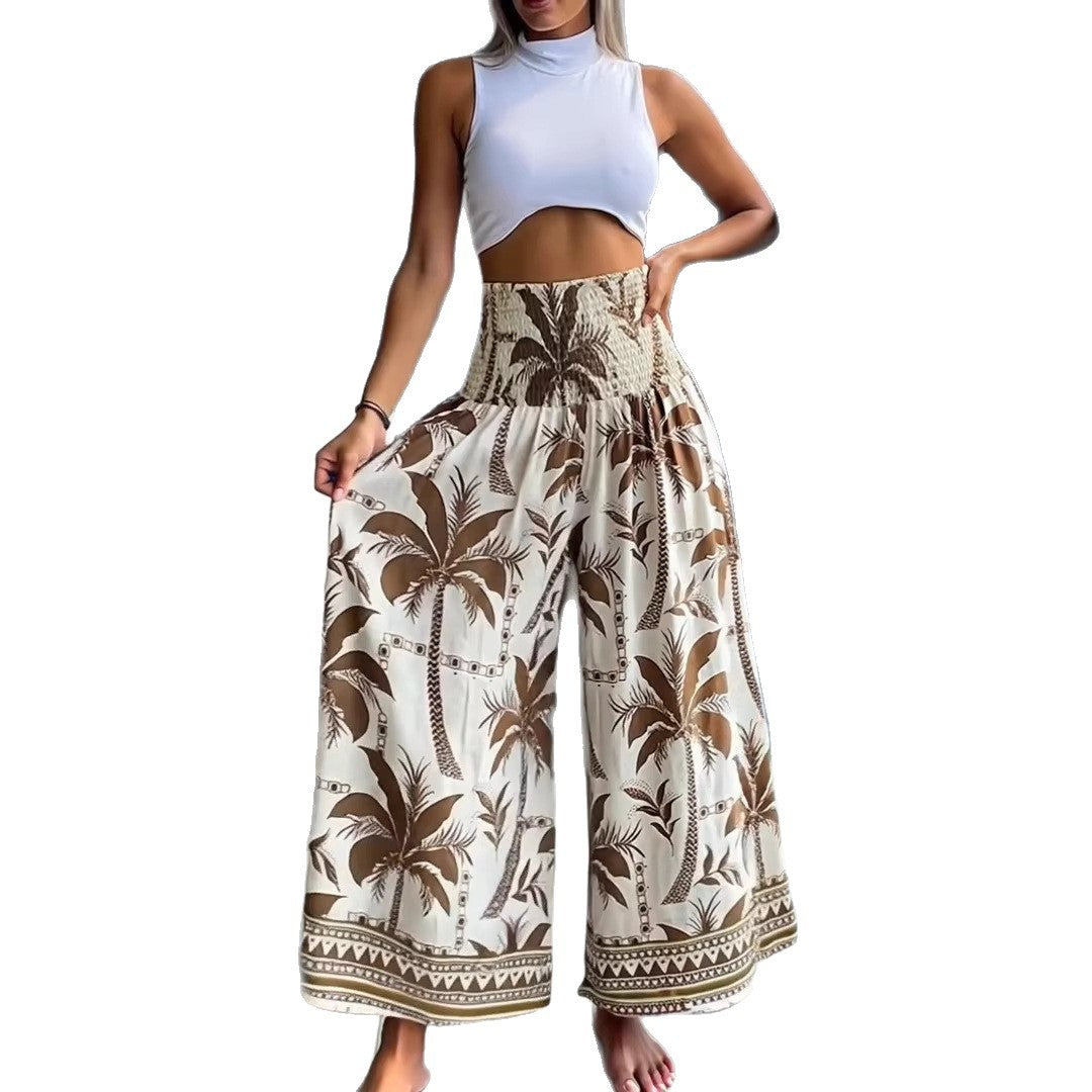 Damen Maxirock mit hoher Smok-Taille und luftigem Boho-Palmendruck Shop Nory
