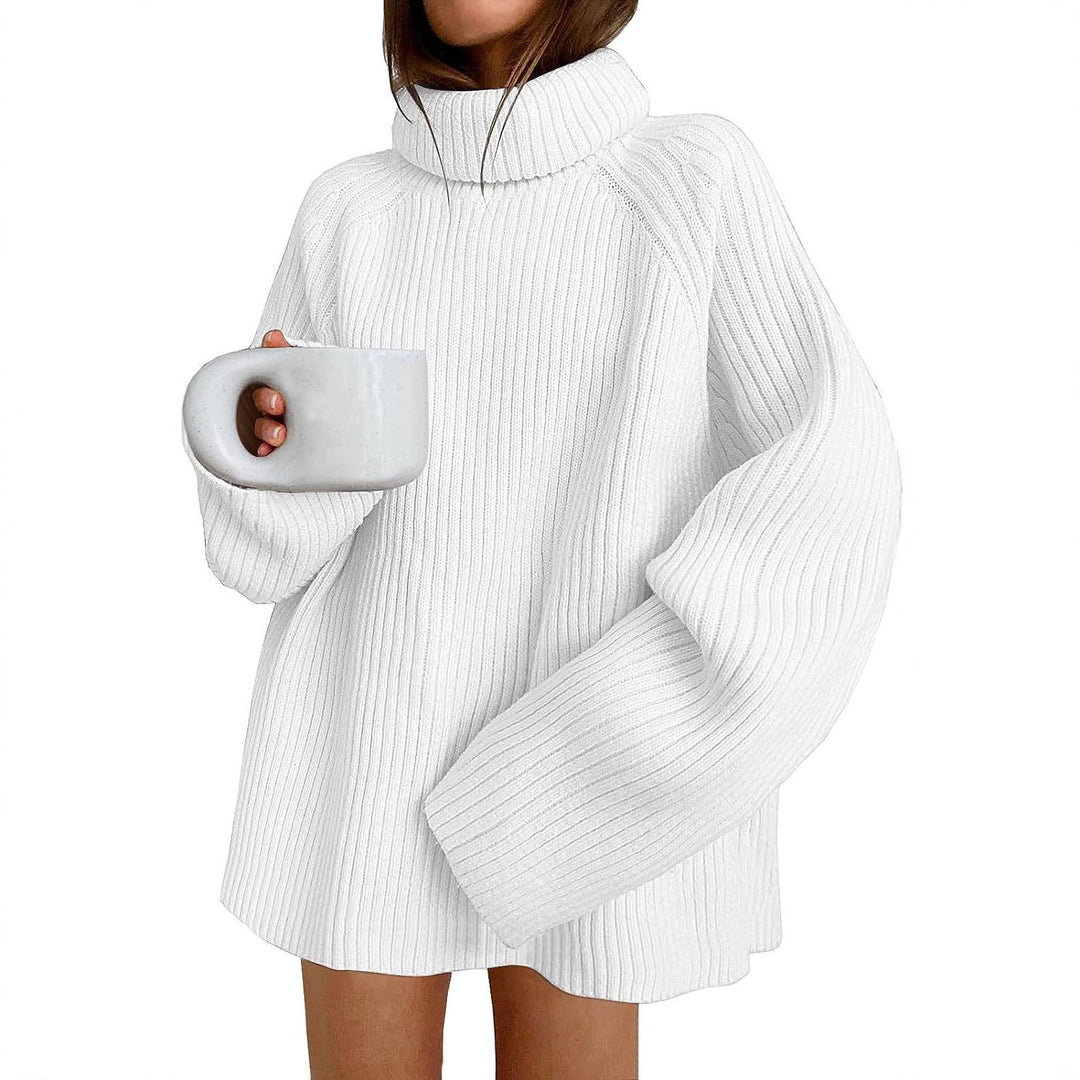 Damen Oversize Pulloverkleid aus Rippstrick mit hohem Rollkragen und voluminösen Ärmeln Shop Nory