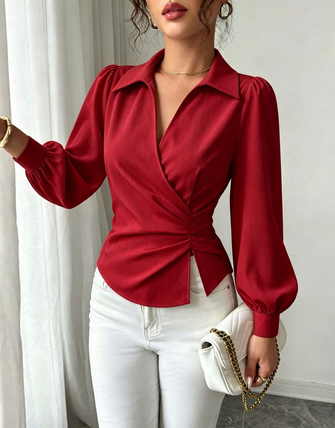 Damen Wickelbluse mit Taillenraffung, Hemdkragen und Ballonärmeln Shop Nory