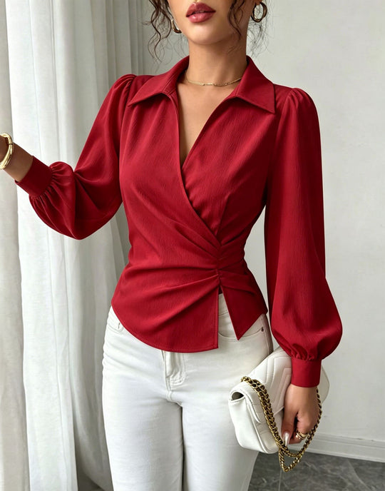 Damen Wickelbluse mit Taillenraffung, Hemdkragen und Ballonärmeln Shop Nory
