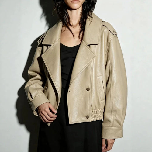 Damen Oversize Lederimitat-Blouson mit doppelreihiger Knopfleiste, weitem Revers und elastischem Saum Shop Nory