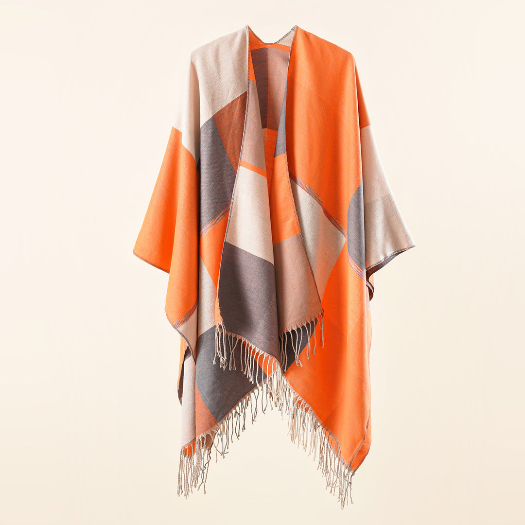 Damen Leichter Webruana mit geometrischem Blockmuster und Fransensaum Shop Nory