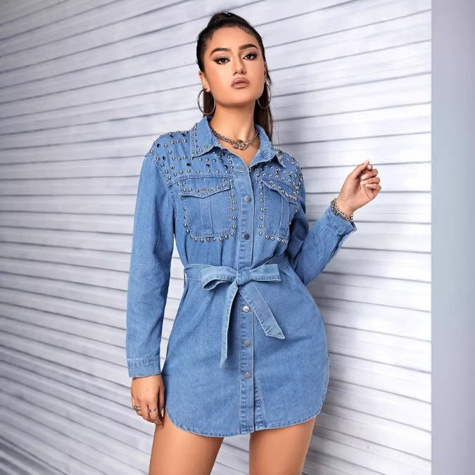 Damen Nietenbesetztes Denim‑Hemdkleid mit Taillengürtel Shop Nory