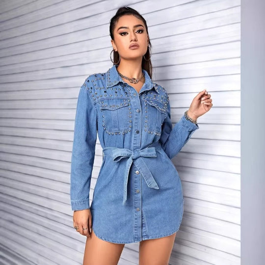 Damen Nietenbesetztes Denim‑Hemdkleid mit Taillengürtel Shop Nory