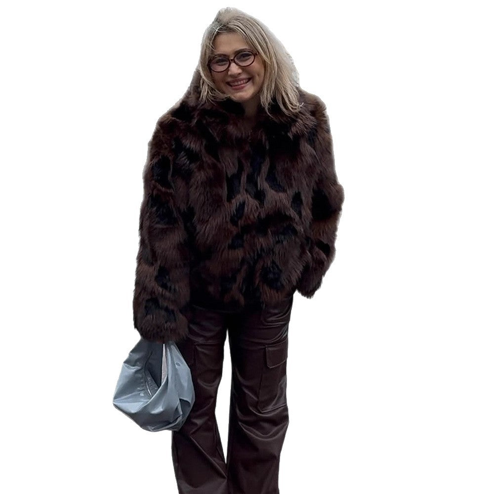 Damen Boxy-Kurzjacke aus Webpelz mit natürlicher Felloptik und breitem Schalkragen Shop Nory