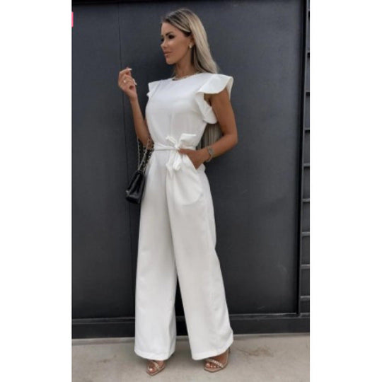 Frauen Fließender Weitbeiniger Jumpsuit mit Rüsche Ärmel