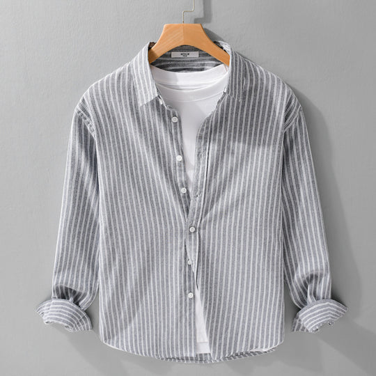 Herren Lässiges Leinen-Baumwoll-Langarmhemd mit feinem Nadelstreifen, Easy‑Care Finish und abgerundetem Saum Shop Nory